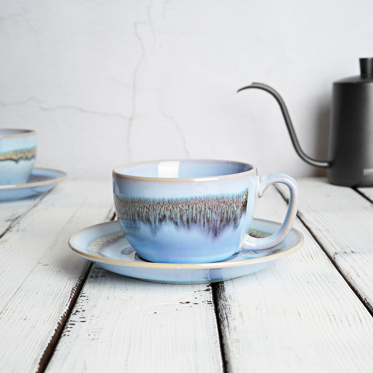 Bosmarlin Ceramic Cappuccino Cup and Saucer Set of 2, 10 Oz, Dishwasher and Microwave Safe, Coffee Cups for Latte, Espresso, Tea, Reavtive Glaze (Purple Blue Light, 10 Oz) - Image 4