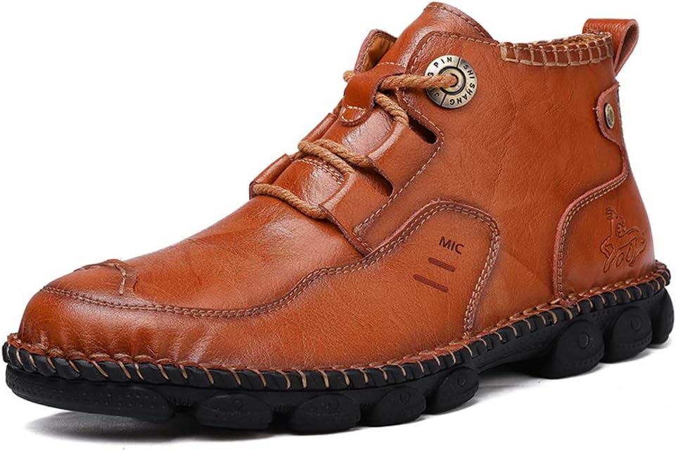 Honeystore Men's British Boots High-top Leather Motorcycle Shoes Lace-up Booties Brown 13.5 D(M) US Men