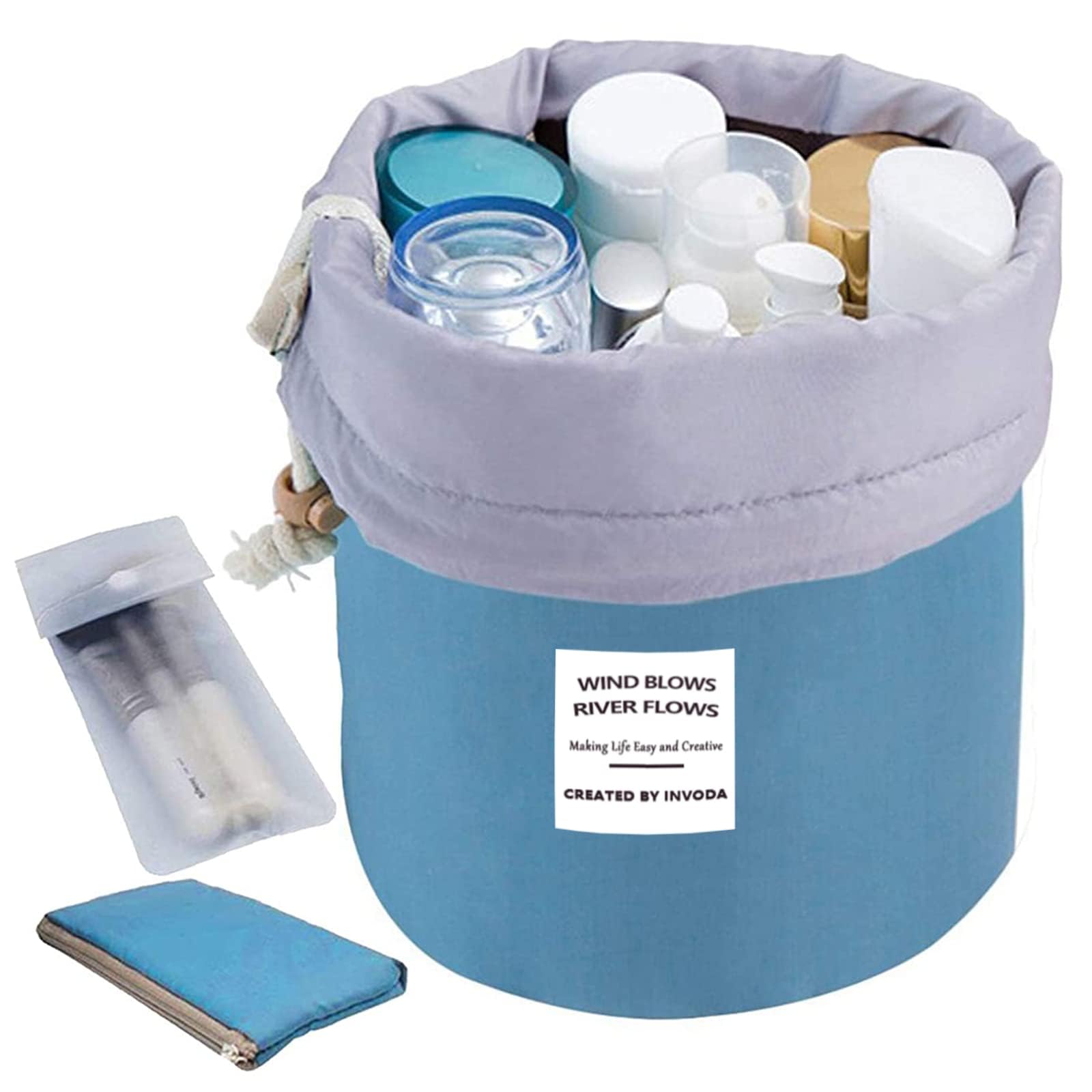 INVODA Cosmetic Bag for Women Barrel Shaped Travel Makeup Bags Large Capacity Soft Waterproof Portable Drawstring Cosmetic Bag Multifunctional Bucket Toiletry Bag (Blue)