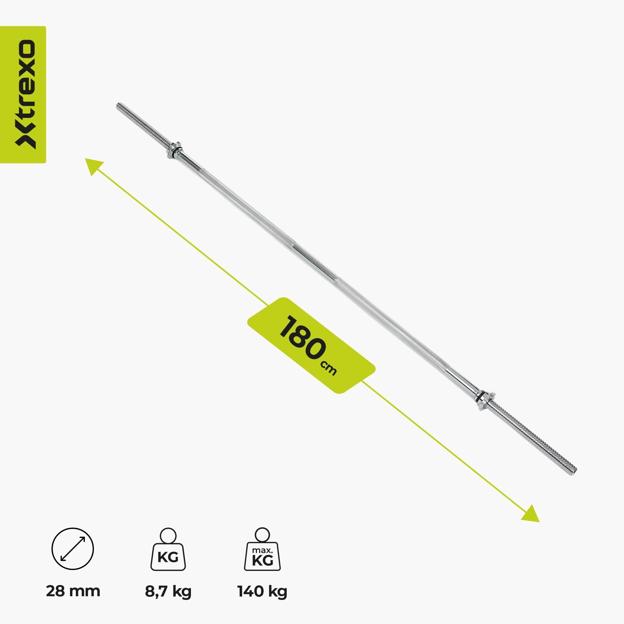 XTREXO TX bilanciere 180 cm – 8,7 kg, capacità di carico 140 kg, diametro 28 mm, acciaio al carbonio, zigrinatura, chiusure a stella, per allenamento di forza a casa, panca, squat, canottaggio