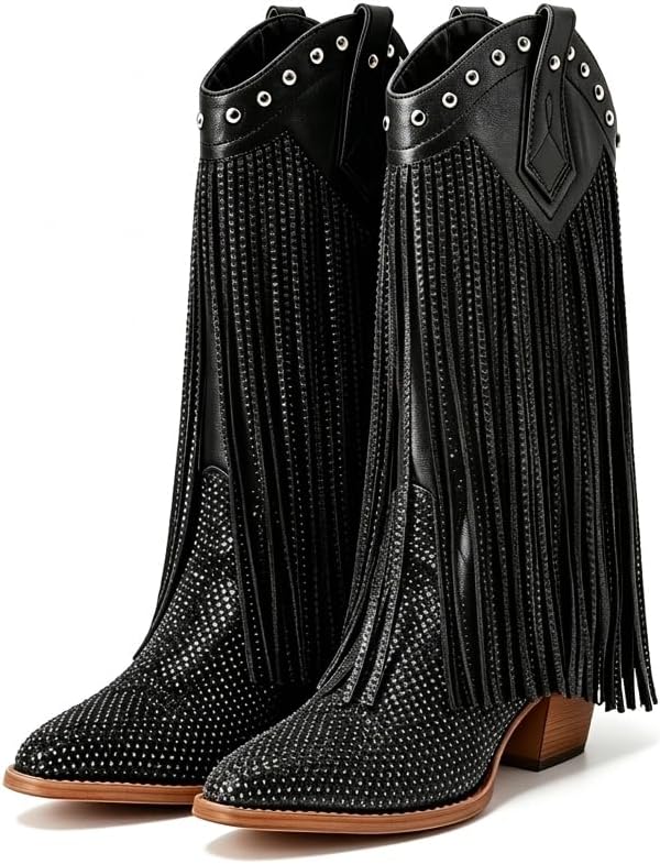 Women's Rhinestone Cowboy Boots, Sparkly Pointed Toe Fringe Western Cowgirl Boots Chunky Heel Mid Calf Boots, for Country Concert Music Festival Rodeo