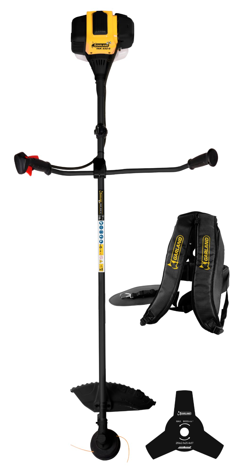 GARLAND Black Yak 832 G-V25 – Desbrozadora Gasolina 52,5 CC, 2,2 kW (2,7 CV), Manillar Plegable, Disco 3 Puntas, Arnés y Cabezal de Hilo
