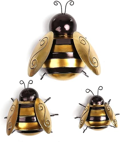 Queemie Bonito juego de 3 decoraciones de pared de abejas de jardín de metal, coloridas estatuas de abeja al aire libre, esculturas de pared para