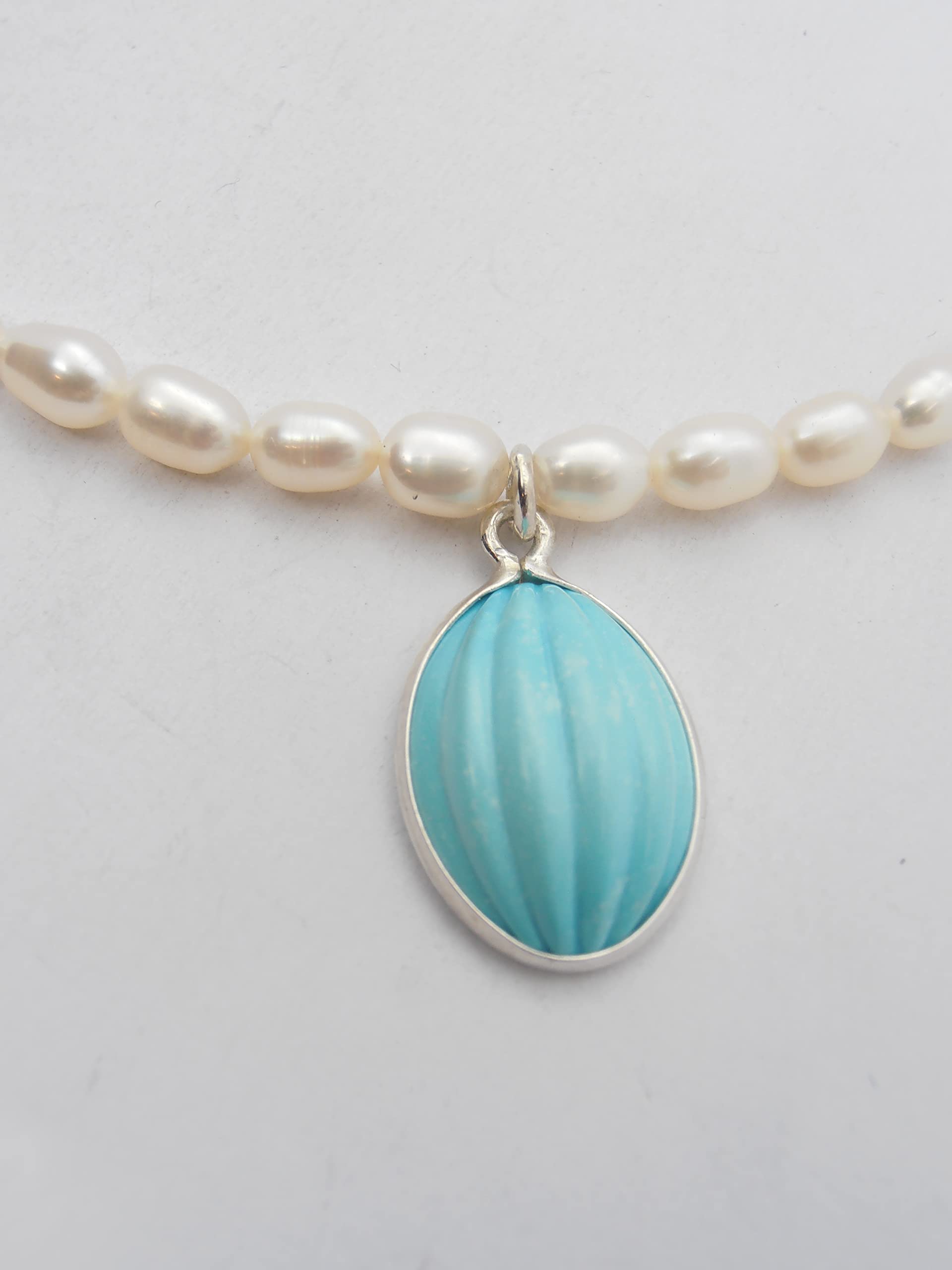 Collana di Perle d'Acqua Dolce con Ciondolo in Turchese Naturale e Argento 925 - Girocollo con Pietre Preziose