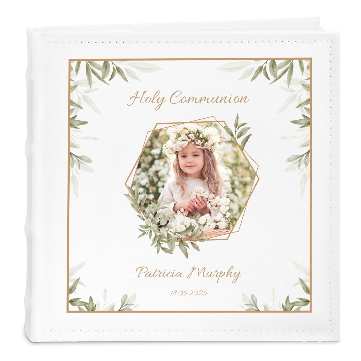 Maverton Girls Garden Slip-In Photo Album - Holy Communion Memento - Engravable White Cover With Elegant Design - Up To 200 Images - Personalized First Holy Communion Gift