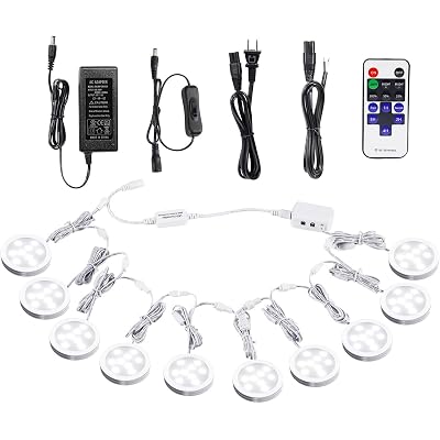 AIBOO Linkable Under Cabinet LED Lighting 12V Dimmable Puck Lights with Wireless RF Remote Control, Hardwired & Wall Plug in for Display Lighting(10 Lights, Daylight White)