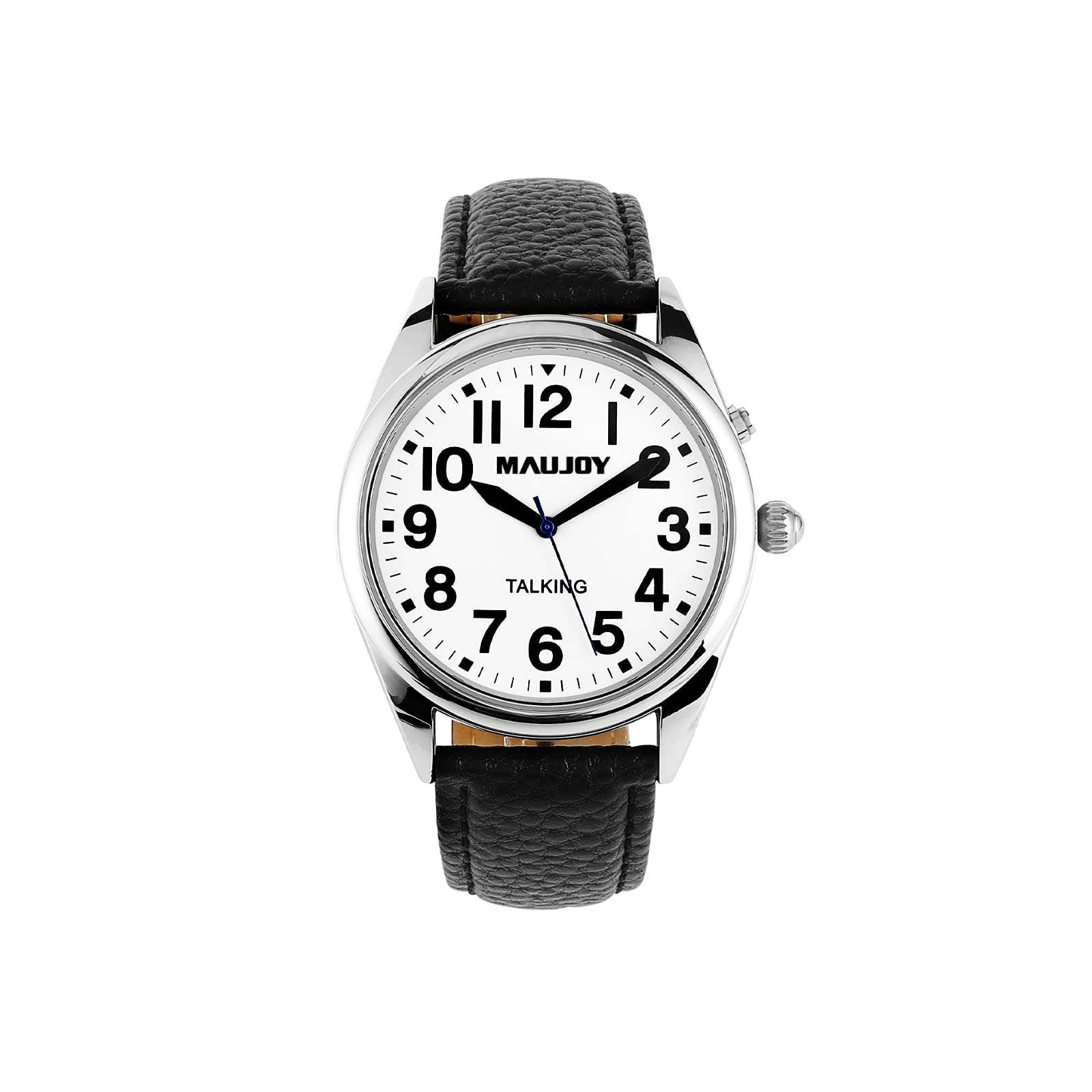 MAUJOY Quality Clear and Loud Voice Unisex Talking Watch Speaks The Time, Date or Alarm time for Elderly, Impaired Sight or Blind. White Face-Black Numbers-Expansion Band