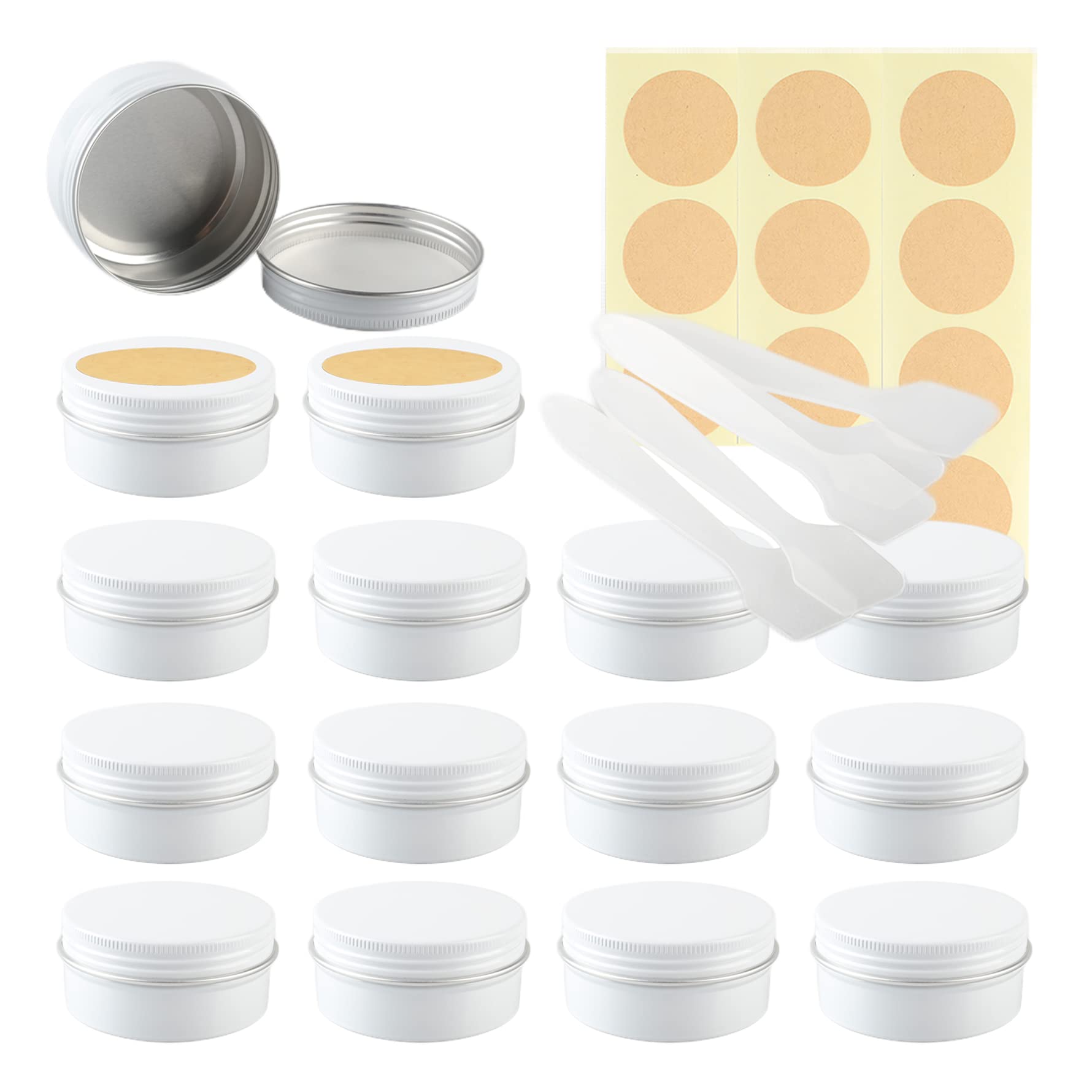 LusDoly Pack of 50 Empty 80ml White Aluminium Tins with Lids - Ø68x36mm Aluminum Screw Pots Travel Round Cosmetic Cream Container Jars for Candle Lip Balm, Salve, with Spatulas & Labels