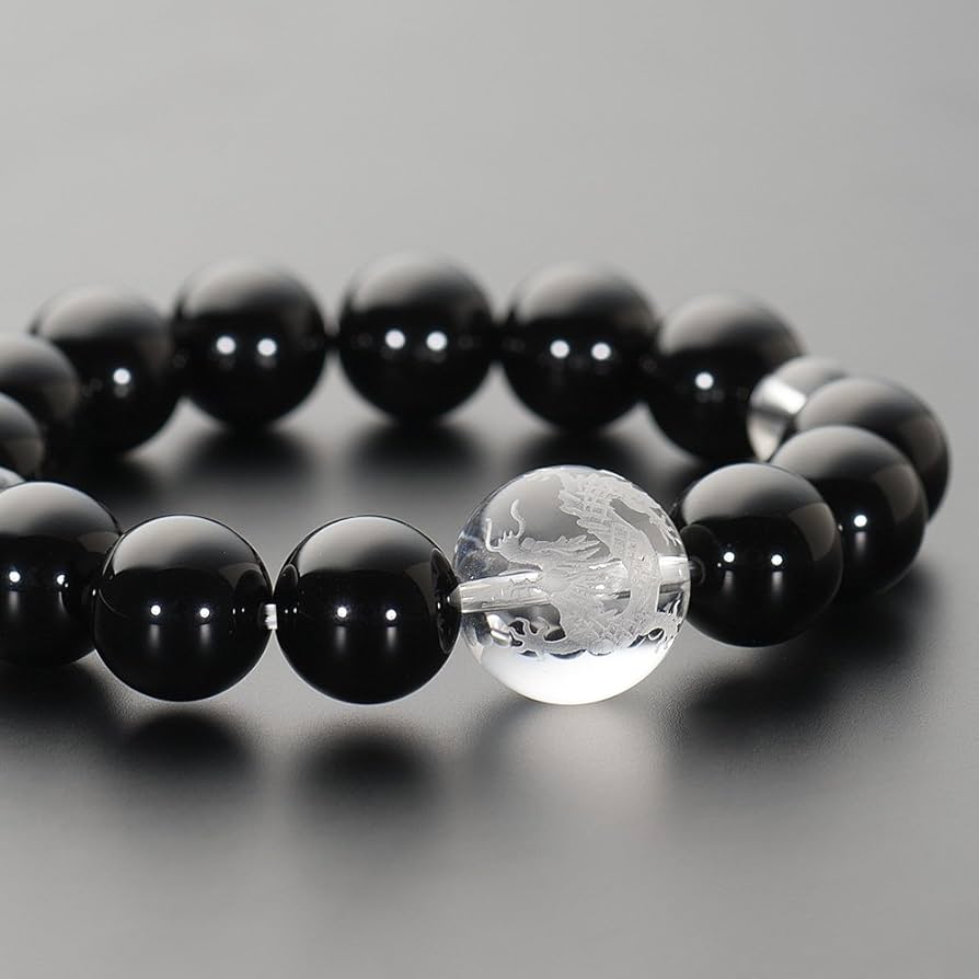 モリオンとムーンストーン回文珠☆龍彫オニキスと般若心経彫水晶