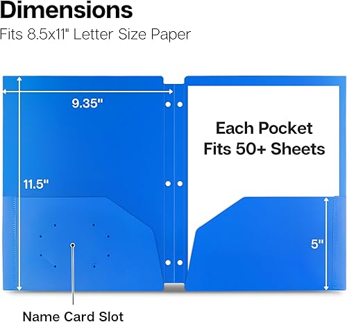 Miniatura 5 de Dunwell Carpetas de plástico con 2 bolsillos para carpetas de 3 anillas, (paquete de 6, colores surtidos) con 3 agujeros perforados, carpeta