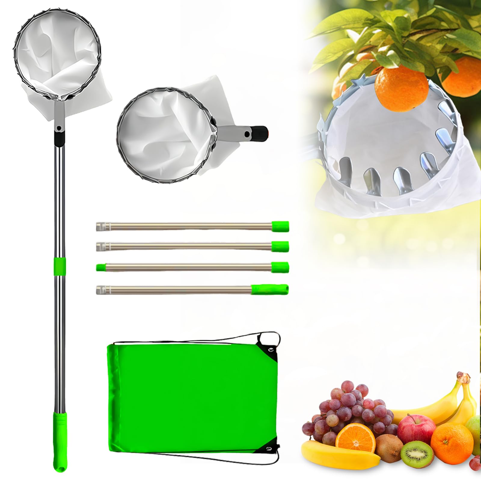 Raccogli frutta, diametro 16 cm, con manico telescopico fino a 160 cm, aiuto per la raccolta di frutta con sacchetto di cotone, raccolta di prugne, raccolta di pere, facile da montare