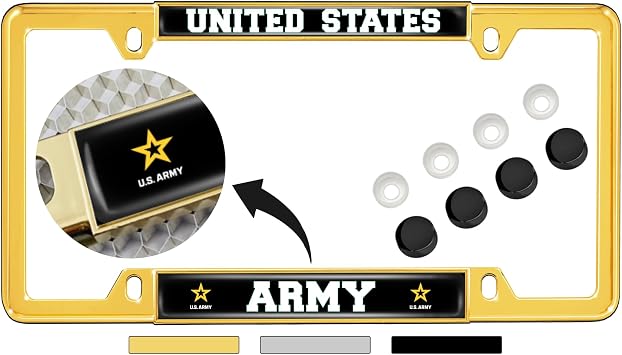 [Officially Licensed Product] - United States Army with Star Logo Domed Custom-Made Personalized Narrow Thin Top 4 Hole Metal Car License Plate Frame with Free caps - Gold Quantity 1 Frame