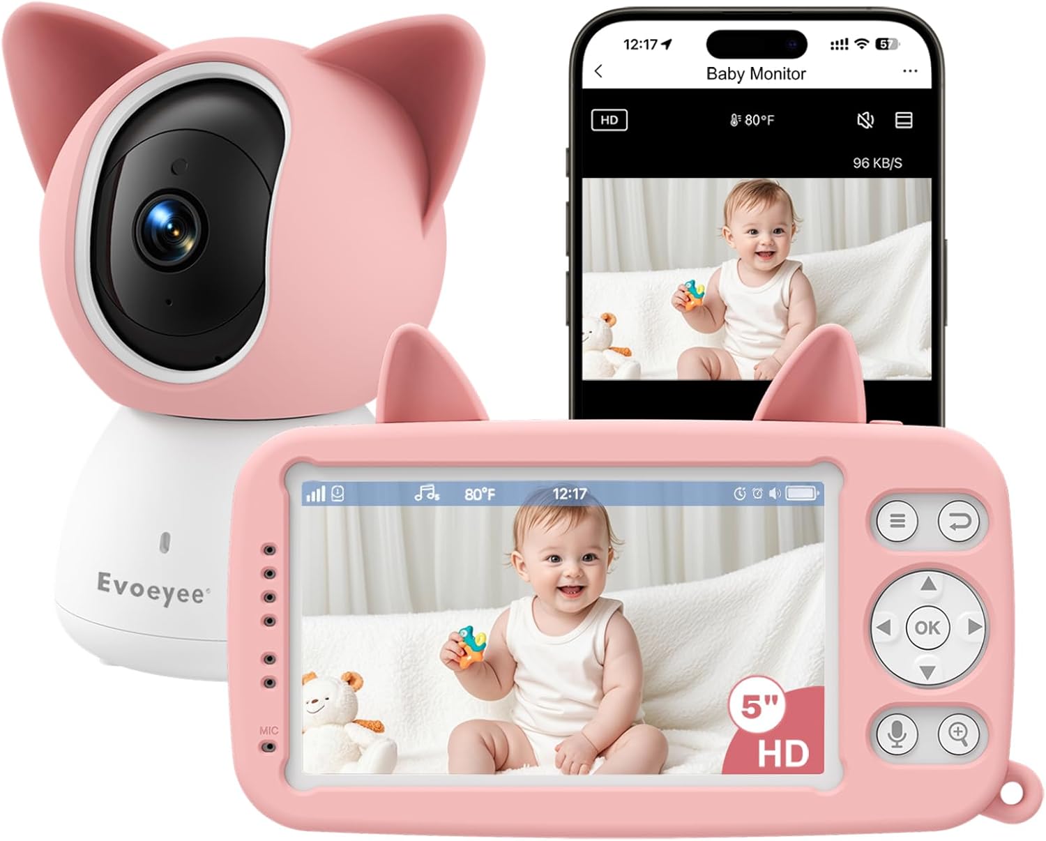 Dual-Mode Baby Monitor with Camera & Audio, Non-WiFi & WiFi with APP, Cute Cat-Inspired Cover, 5" HD Display, 1080P FHD Camera,Cry & Motion Detection, 2-Way Talk, Night Vision, Video Recording