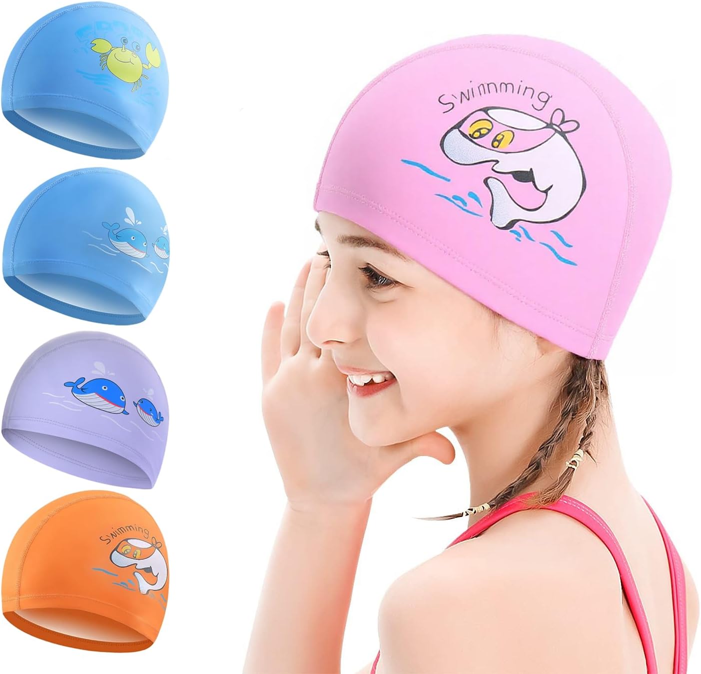 PD Kids Swimming Cap – Cartoon PU Swim Cap for Boys & Girls Age 3-12, Soft Breathable, 3D Cut, High Elasticity, Comfortable Fit