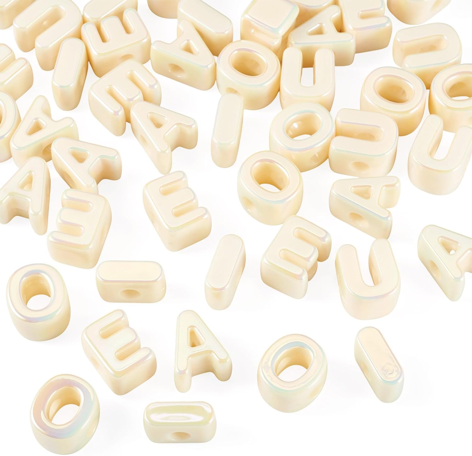 FASHEWELRY 50Pcs 20mm Big Vowel Letter Beads Beige Large Hole Acrylic Alphabet Beads for Bracelets Making, UV Plating Iridescent 3D Slider Initials Bead for Keychains Making