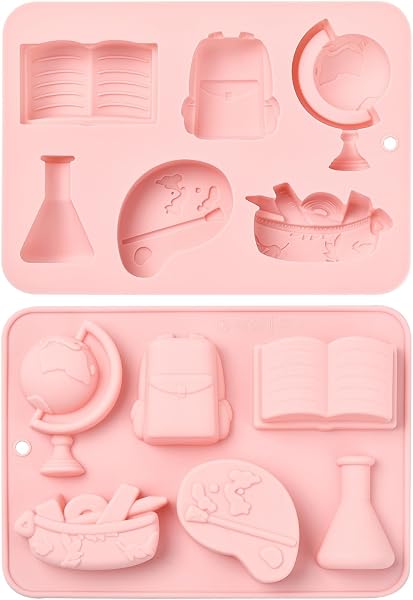 UR URLIFEHALL - Lot de 2 moules en silicone en forme de sac d'école, de livre, de globe pour pâte à sucre, chocolats, bonbons, biscuits, décorations de gâteaux pour les fêtes - 1