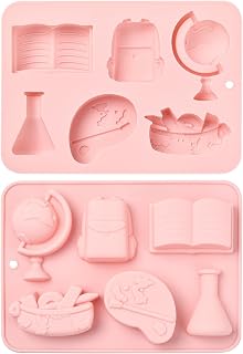 Airssory 2 pcs School Theme Silicone Fondant Mold Schoolbag Book Globe Paint Palette Flask Molds for DIY Cake Chocolate Pudding Jelly Candy Craft Resin Making Decoration