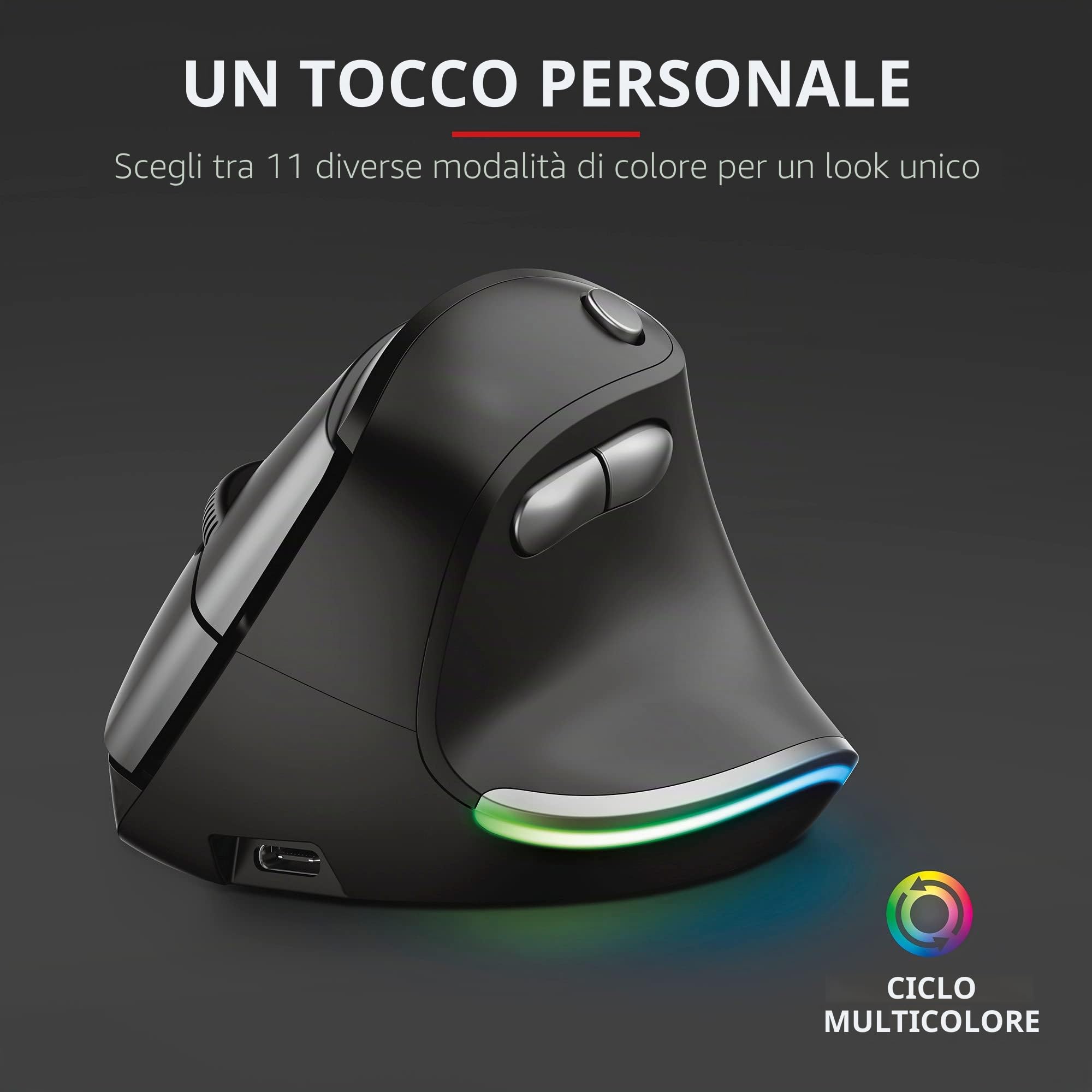 Trust Bayo Mouse Verticale Wireless Ricaricabile, Mouse Ergonomico Senza Filo, 800-2400 DPI, RF 2.4GHz, 6 Pulsanti, Ricevitore USB, Portata 10 m, Luce RGB, per PC, Computer, Laptop, Mac - Nero