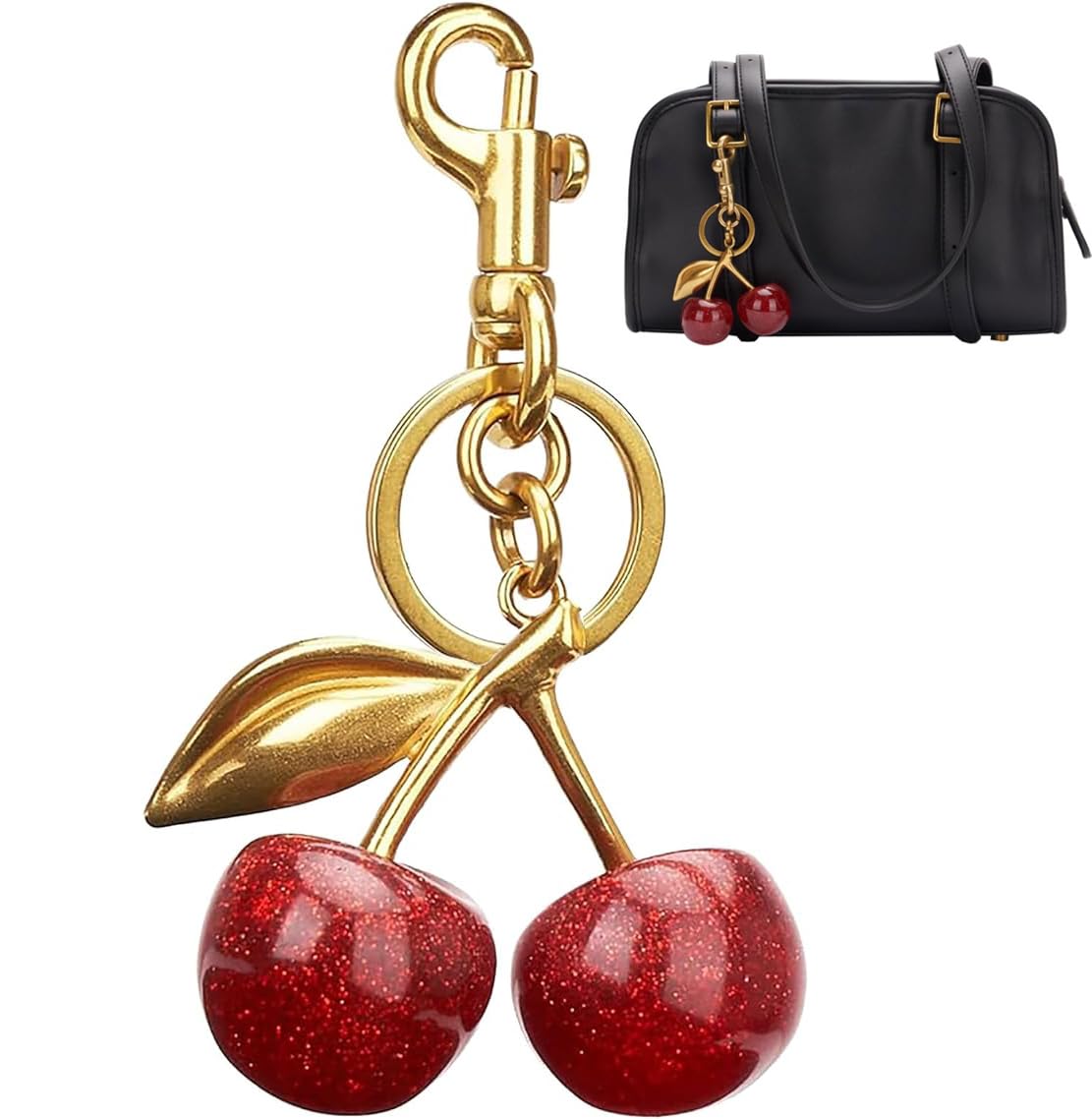 Cherry Bag Charm Keychain - Gold Plated Cherry Accessory - Quality Purse Keys Charm Gifts for Women
