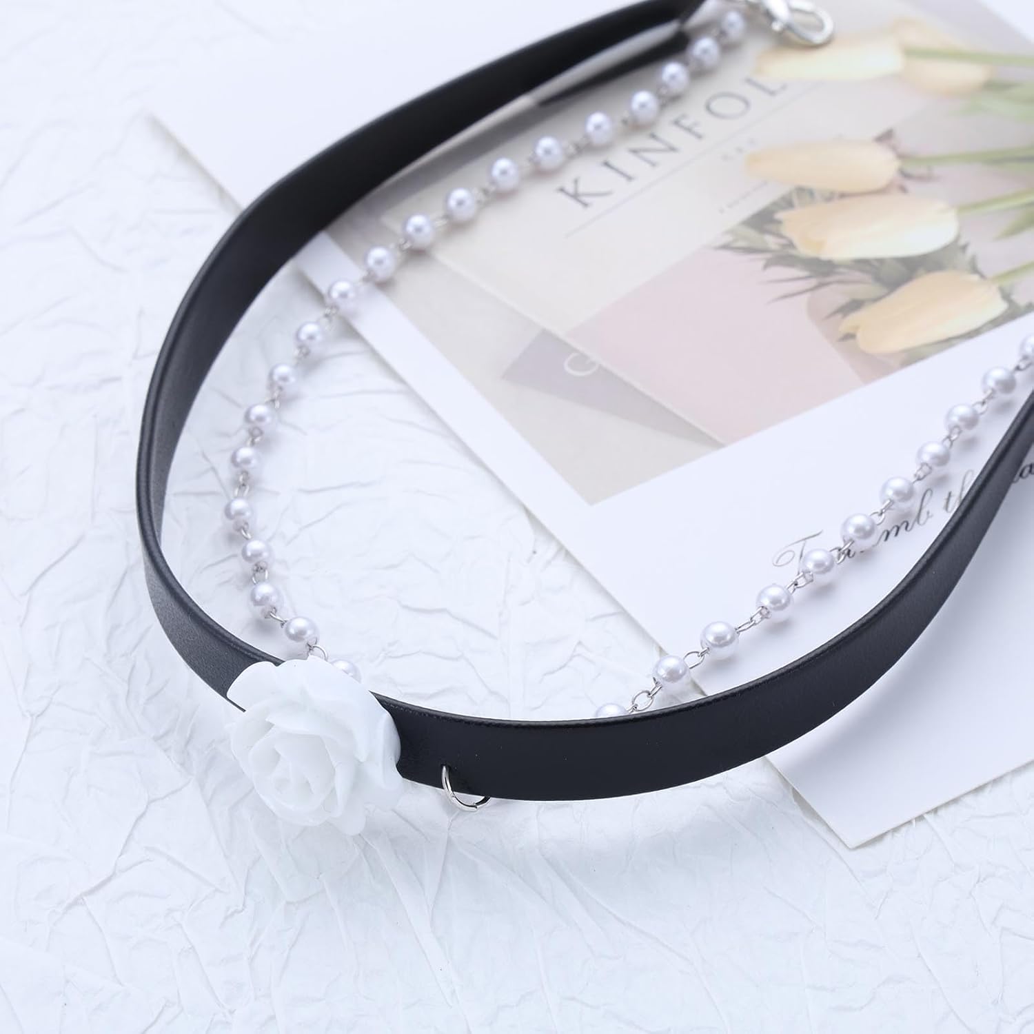 Vintage Black Leather Choker Necklace Camellia Pendant Necklace Camellia Flower Choker Necklace Boho Pearl Drop Y Necklace Long Pearl Chain Tassel Necklace for Women - Image 4