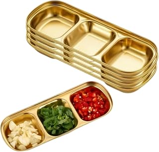 XZJMY Dip-Schalen aus Edelstahl, 3 Fächer, unterteilte Soßenschalen, Vorspeisen, Servierteller, kleine quadratische Gewürzschale, Gewürz-Servierteller für Küche, Zuhause, Grillen und Party-Abendessen