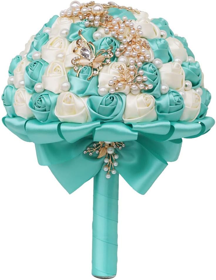 Handmade Wedding Bride Bridesmaid Bridal Bouquet Rose Holding Toss Artificial Flowers Bouquets with Satin Ribbon Pearls Rhinestone for Wedding Celebration Valentine’s Day Parties Bouquet Decor