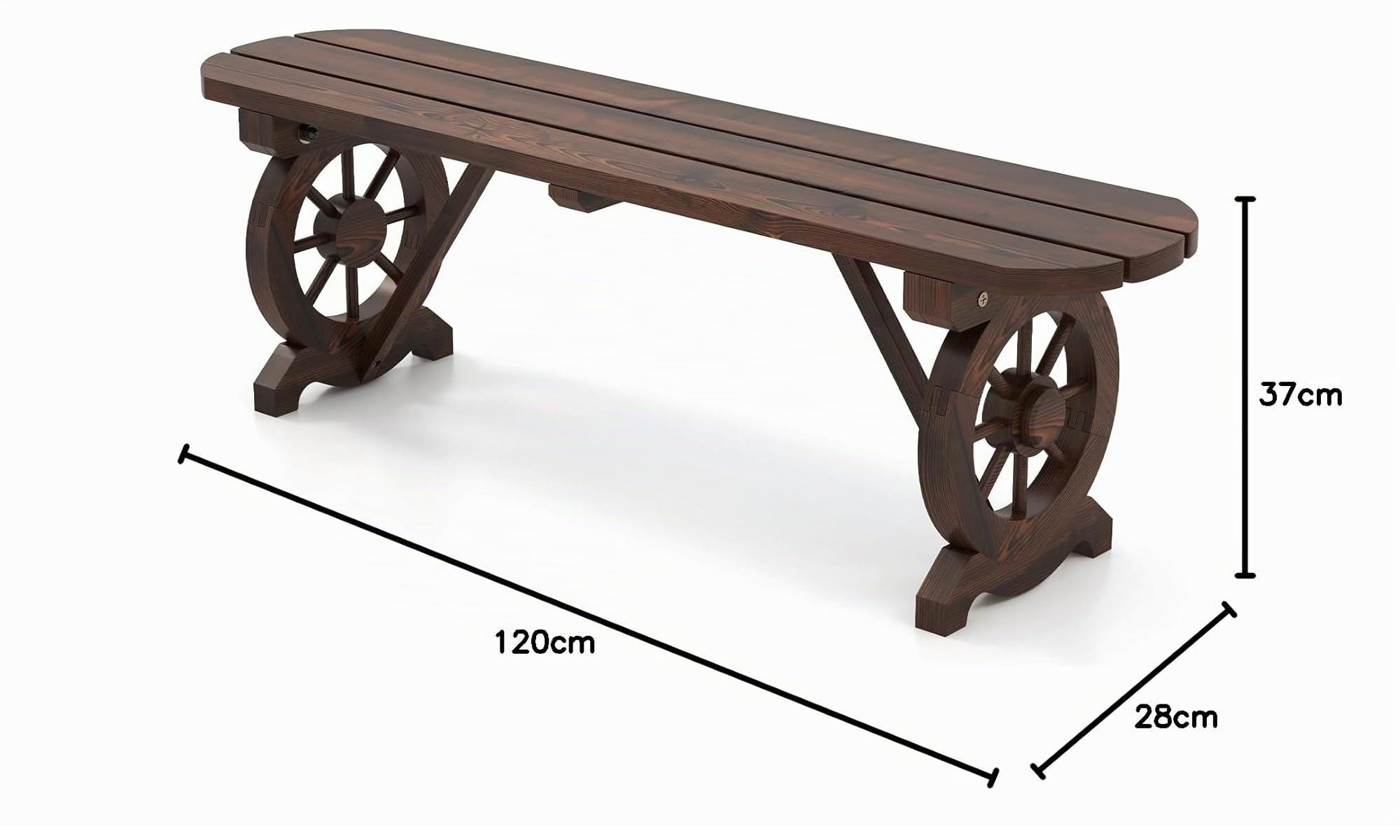 GIANTEX Panca da giardino resistente alle intemperie, in legno con ruote a carrello, per 2 persone, in legno massello carbonizzato, portata fino a 325 kg, panca da balcone 120 x 28 x 37 cm, QS44624DE