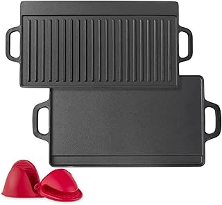 Reversible Grill Pan，2-in-1 Cast Iron Griddle&Grilling Plate，Camping Outdoor BBQ Grill Plate，Durable Design，Multi-Heat Source Compatible，Equipped with Insulated Silicone Gloves (50*23*2CM)