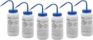 EISCO 6PK Wash Bottle for Sodium Hypochlorite (Bleach), 500ml - Labeled with Chemical Information & Safety Information (1 Color) - Wide Mouth, Self Venting, Low Density Polyethylene Labs