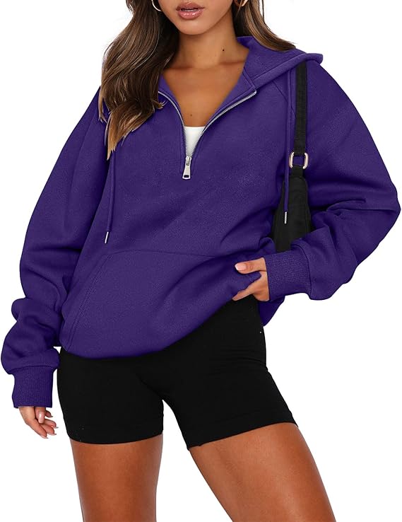 onlypuff Women Half Zipper Pullover Sweatshirt Long Sleeve Hoodies Kangaroo Pocket Fleece Basic Sweater