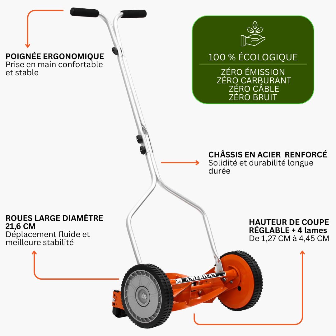 Tondeuse Manuelle Hélicoïdale Gazon 4 Lames 35 cm Hauteur Réglable VENTEO
