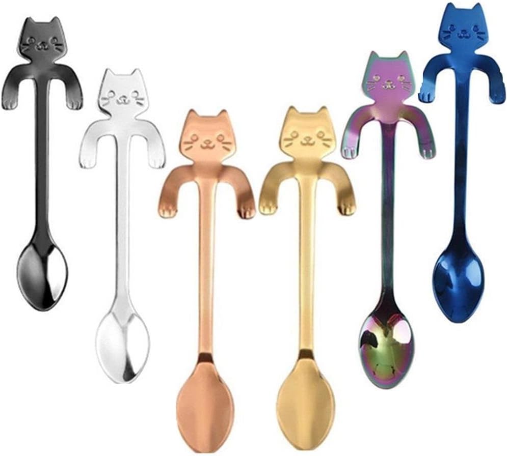 UOOME 6 Pcs Mini Cat Stainless Steel Coffee Spoon Cat Tea Coffee Ice Cream Spoon Teaspoon Tea Soup Sugar Dessert Appetizer Seasoning Bistro Spoon, Hanging Cup Spoon Kitchen Gadget (6 colors)