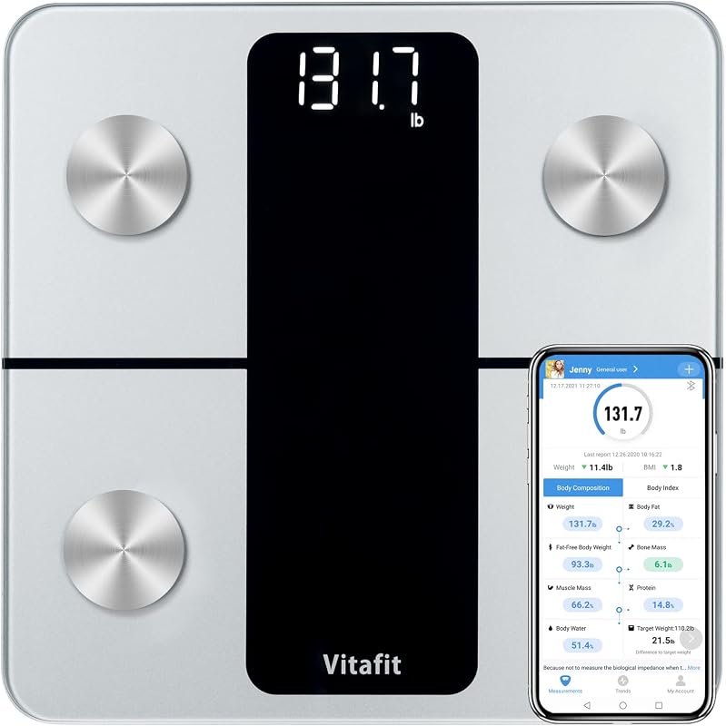Vitafit Báscula de baño inteligente Peso corporal, alta precisión garantizada por la fábrica profesional de báscula de peso desde 2001, App Sync 13 Composición corporal que incluye IMC, grasa corporal y músculo, 400 lb, LED, plata