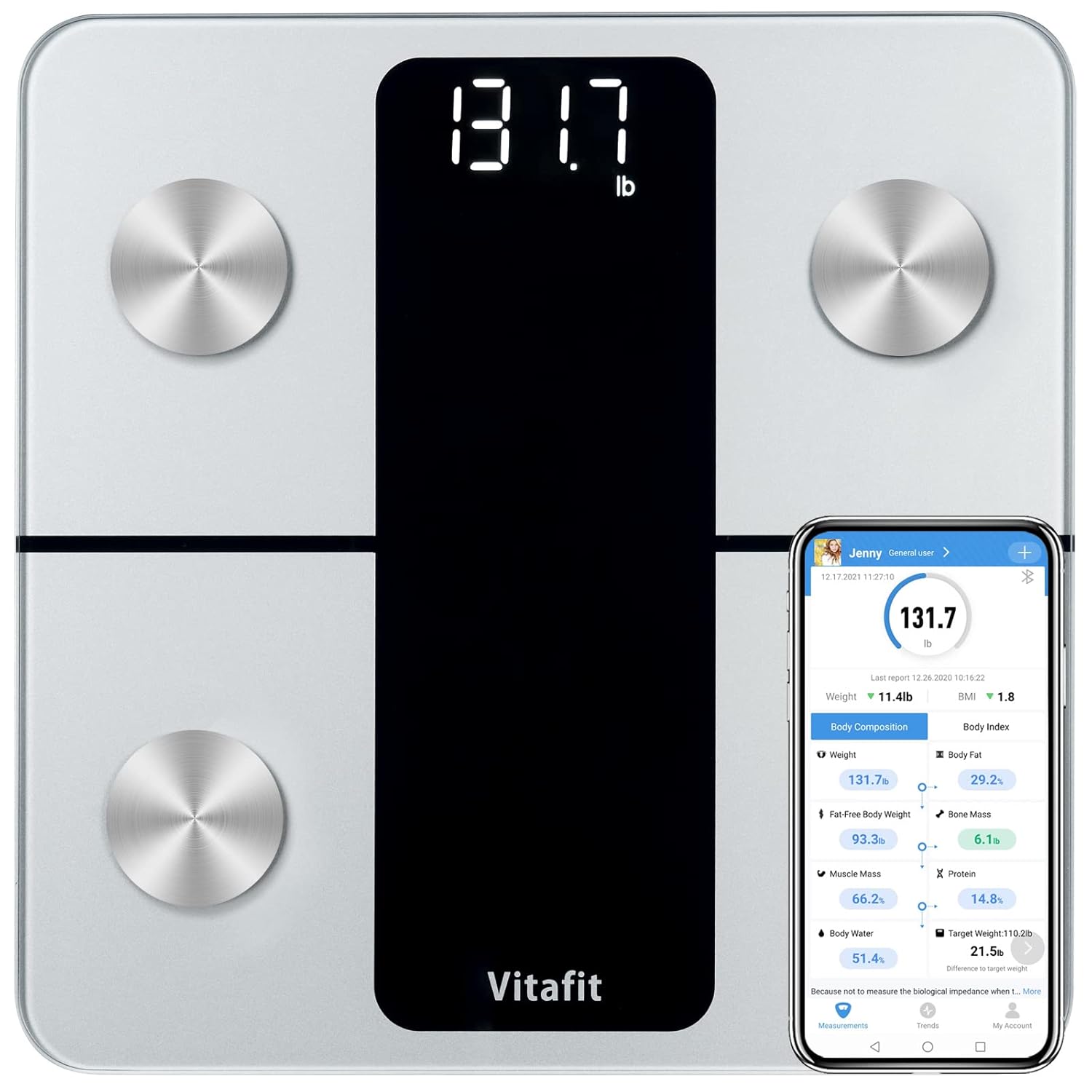 Vitafit Báscula de Baño Digital, Fábrica Profesional DESDE 2001, Báscula de Grasa Corporal y Músculo con App, Báscula Inteligente 13 Composición Corporal Peso IMC Músculo, 182 kg Plata