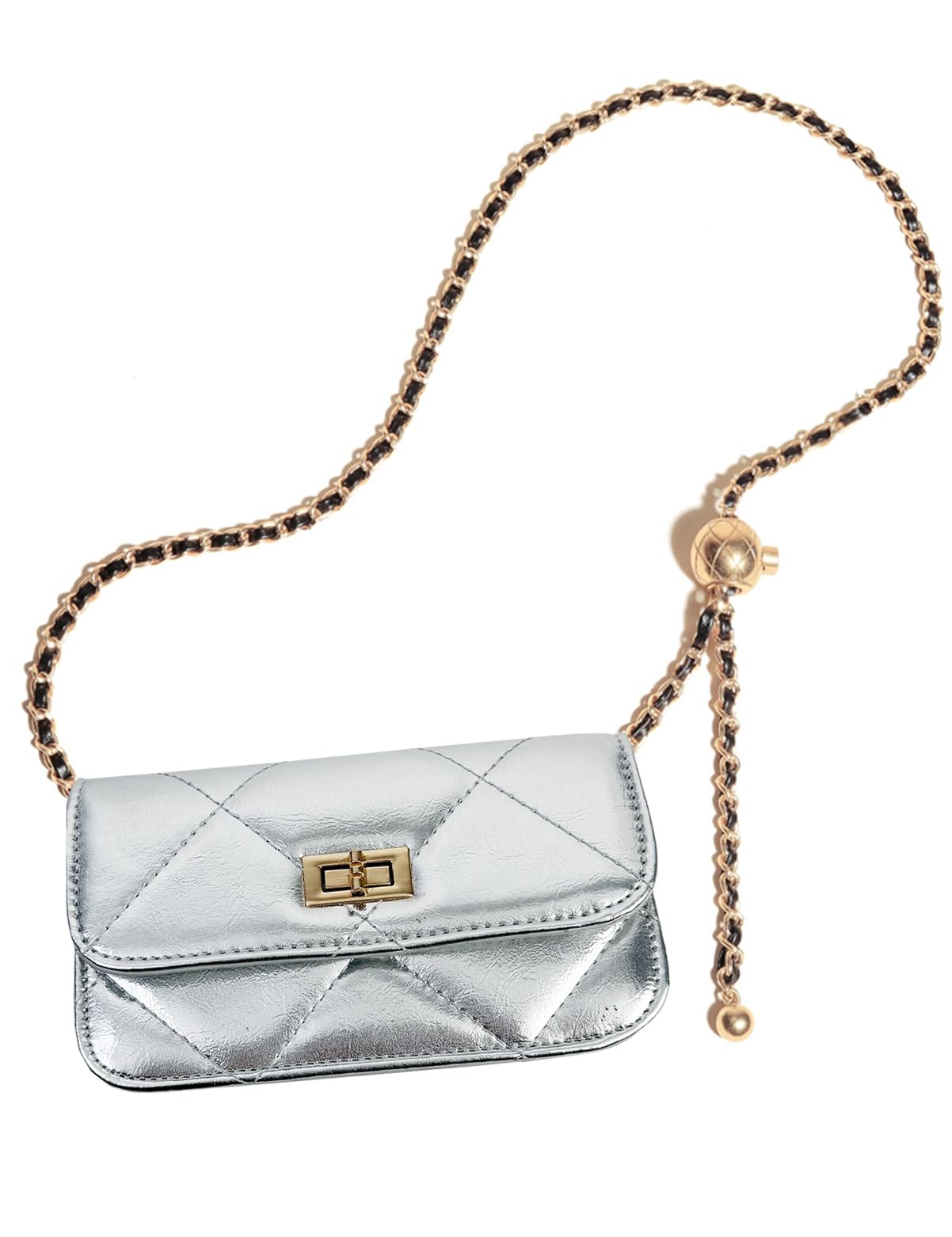 BEMYLV Chain Belt Bag Adjustable Crossbody Purse Trendy Fanny Packs for Women Fashion Silver Evening Clutch Handbag Detachable