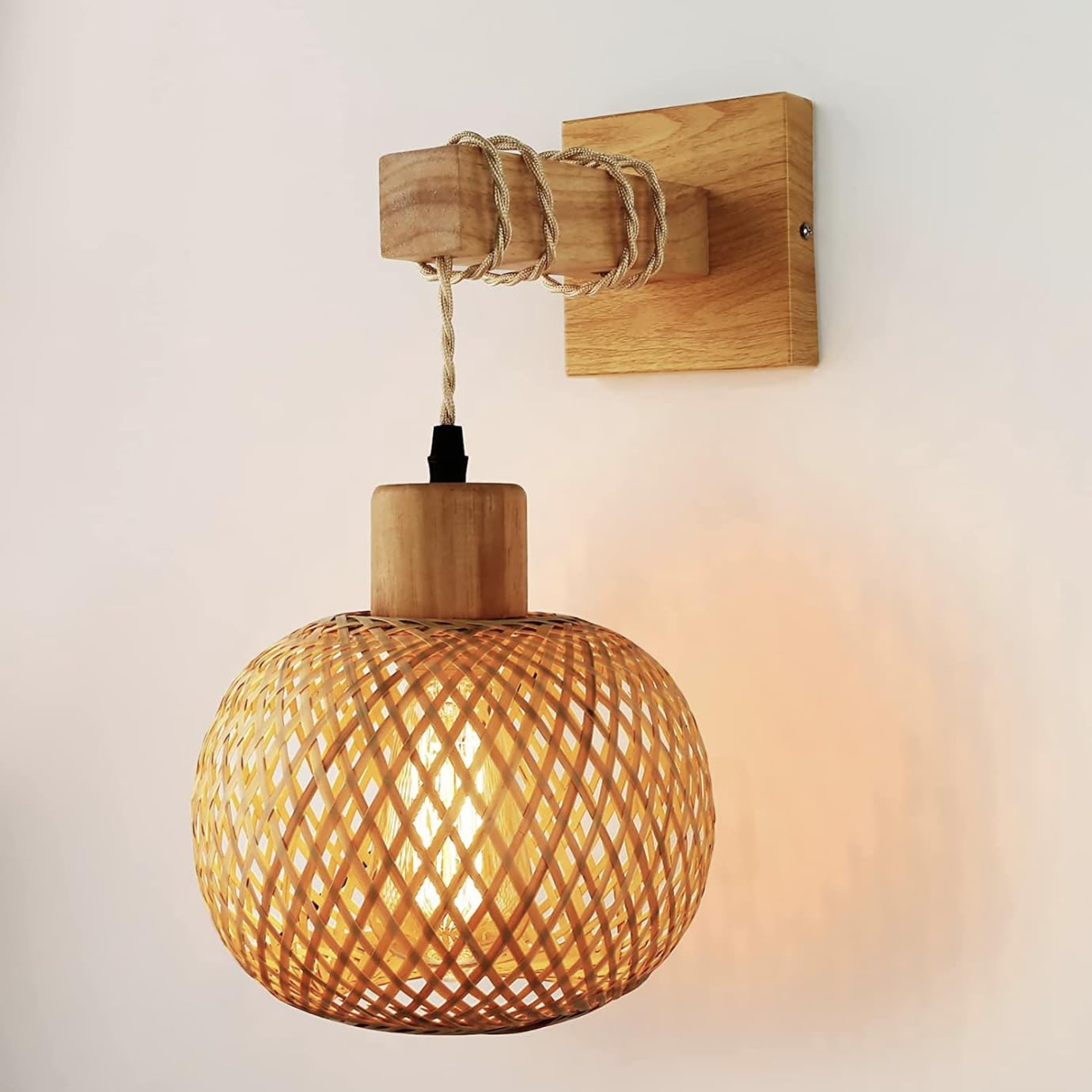 Guanshan Natural Bamboo Bamboo Woven Wall Lamp Wabi-Sabi Style Bamboo Lampshade Sconces Corridor Wall Lighting Decorative Wall Lamp For Living Room, Bedroom, Background