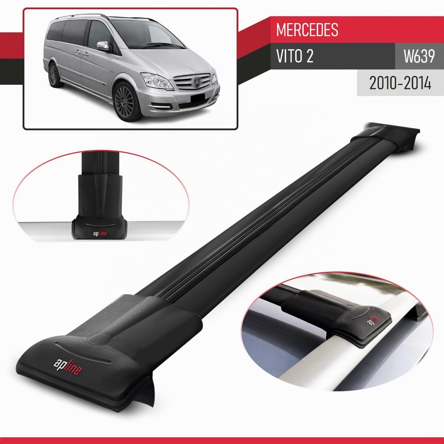 Compatible con Mercedes Vito 2 (W639) Post-Facelift 2010-2014 Modelo Fly Barra de Techo Auto Portaequipajes Barras Transversales Negro Aluminio 2 Barras