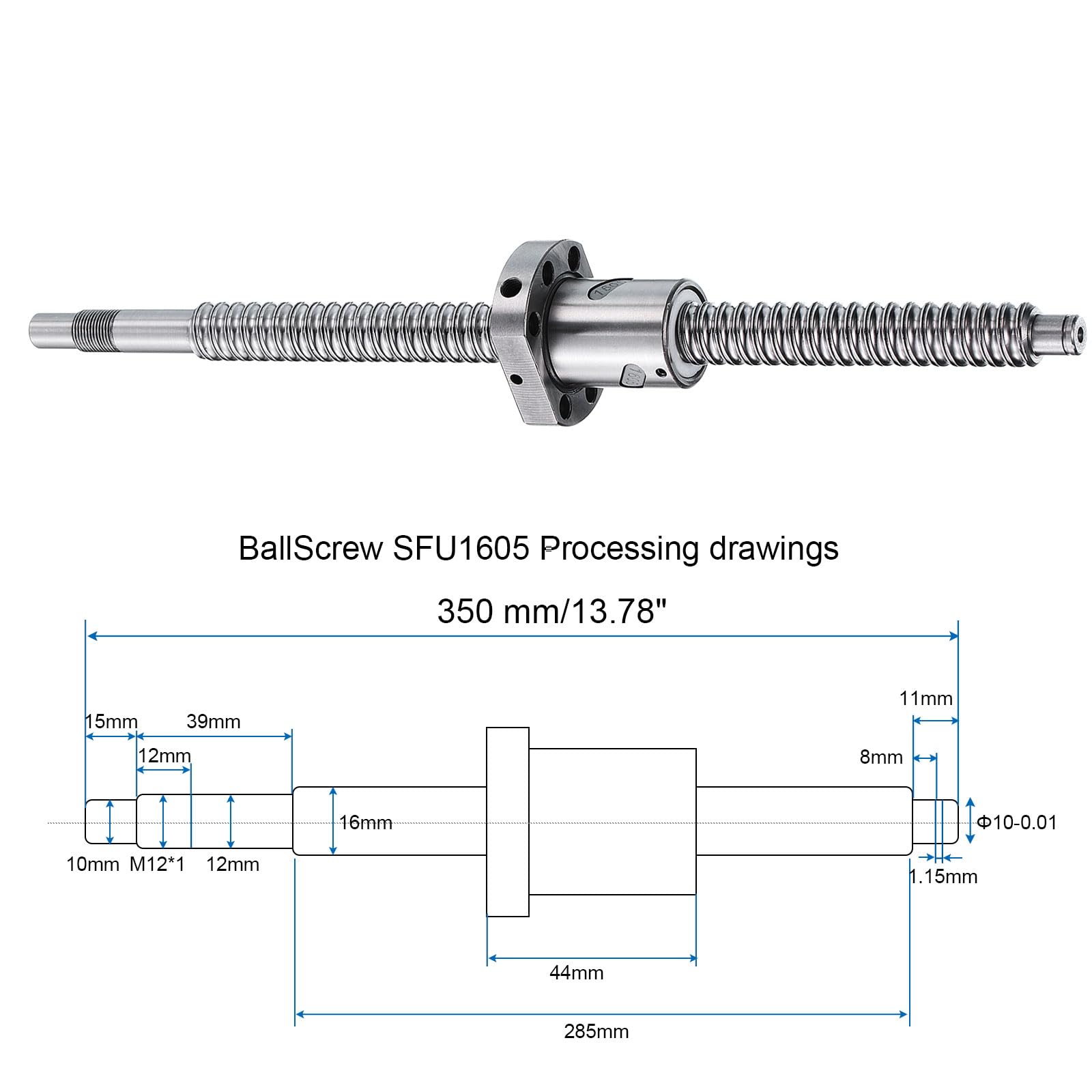 QUARKZMAN Vis à billes SFU1605 (Diamètre 16mm, Pas 5mm, Longueur 350mm) avec écrou de vis à billes Kit de vis à billes anti-jeu standard Usinage d'extrémité pour pièces de machine CNC