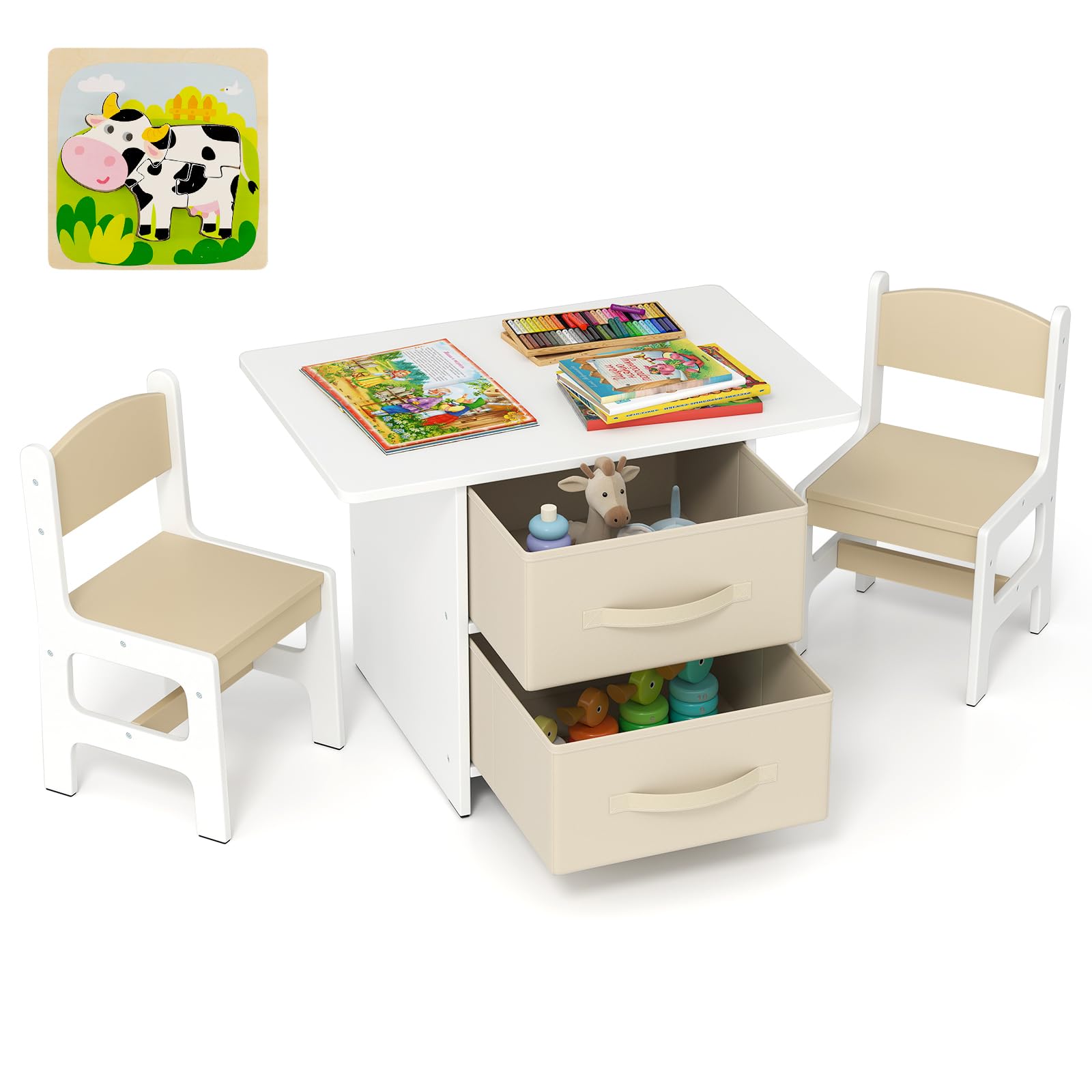 RELAX4LIFE Tavolo per Bambini con 2 Sedie Ergonomiche e 2 Cassetti in Tessuto Rimovibili, Set Scrivania e Sedia per Bambini dai 3 Anni in Su per Giocare e Studiare, Carico 50 kg (Beige)