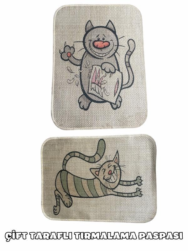 Çift Taraflı Kedi Tırmalama Paspası 90x60, Mutlu Kedi x Yaramaz Kedi