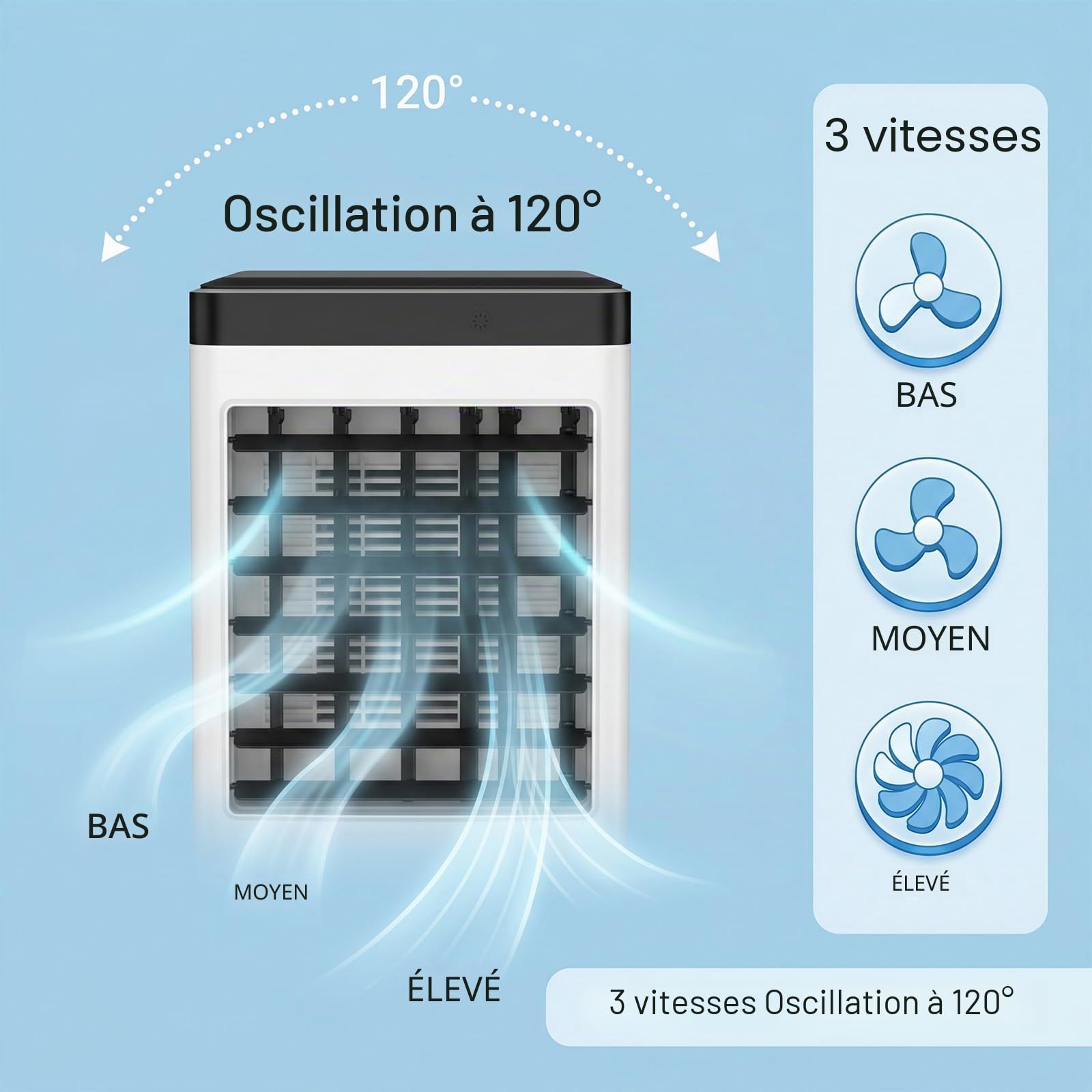 Climatiseur mobile 4 en 1 sans tuyau d'évacuation, humidificateur et purificateur d'air, refroidisseur d'air mobile avec réservoir d'eau de 10 l, télécommande, minuterie, oscillation à 120°, débit