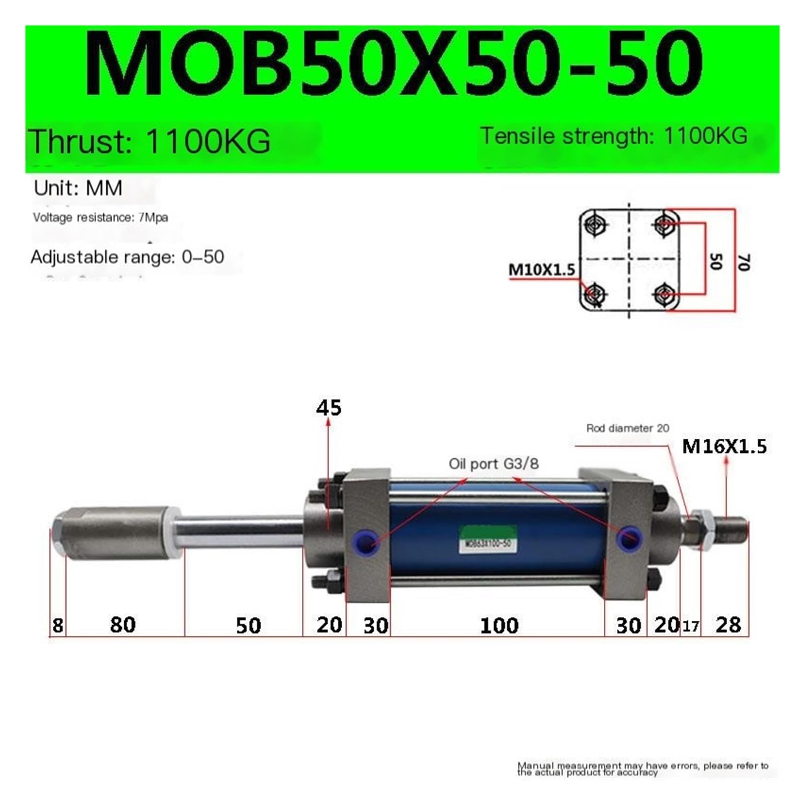 Cilindro hidráulico compacto de elevación bidireccional ligero con eje de doble salida ajustable MOB50(MOB50X50-50)