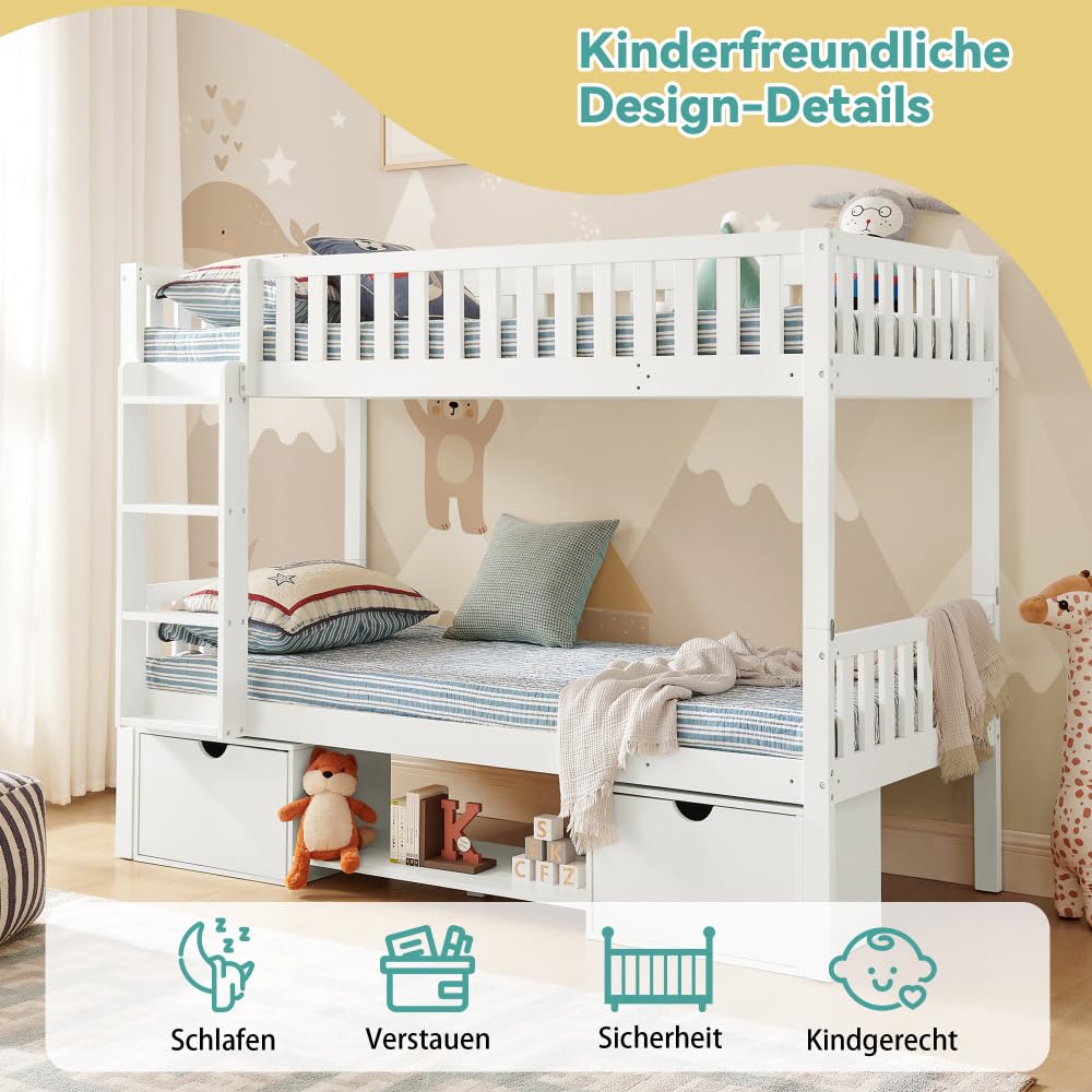 Cama infantil de madera de pino maciza, 90 x 200 cm, cama doble desmontable con barandillas de seguridad, cajones y escalera, utilizable como 2 camas individuales