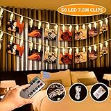 SanGlory 25ft 50 LED Photo Clip String Lights with Remote and Timer, Picture Lights String USB Battery Operated 8 Modes Indoor Fairy Lights Photo Hanging String Holder for Pictures Notes Artwork