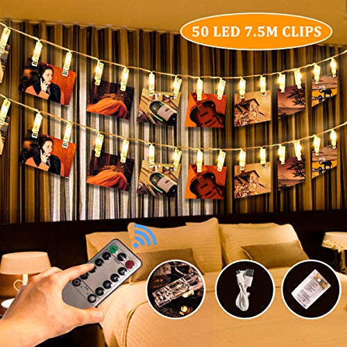 SanGlory 25ft 50 LED Photo Clip String Lights with Remote and Timer, Picture Lights String USB Battery Operated 8 Modes Indoor Fairy Lights Photo Hanging String Holder for Pictures Notes Artwork
