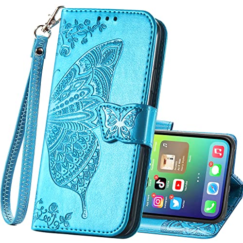 HAOTP for iPhone Xs Phone Case Wallet,Women Flip Folio Cover for iPhone X with Credit Card Holders Emboss Butterfly Flower PU Leather Purse Wrist Strap Kickstand Case for iPhone X/XS 5.8 inch Blue