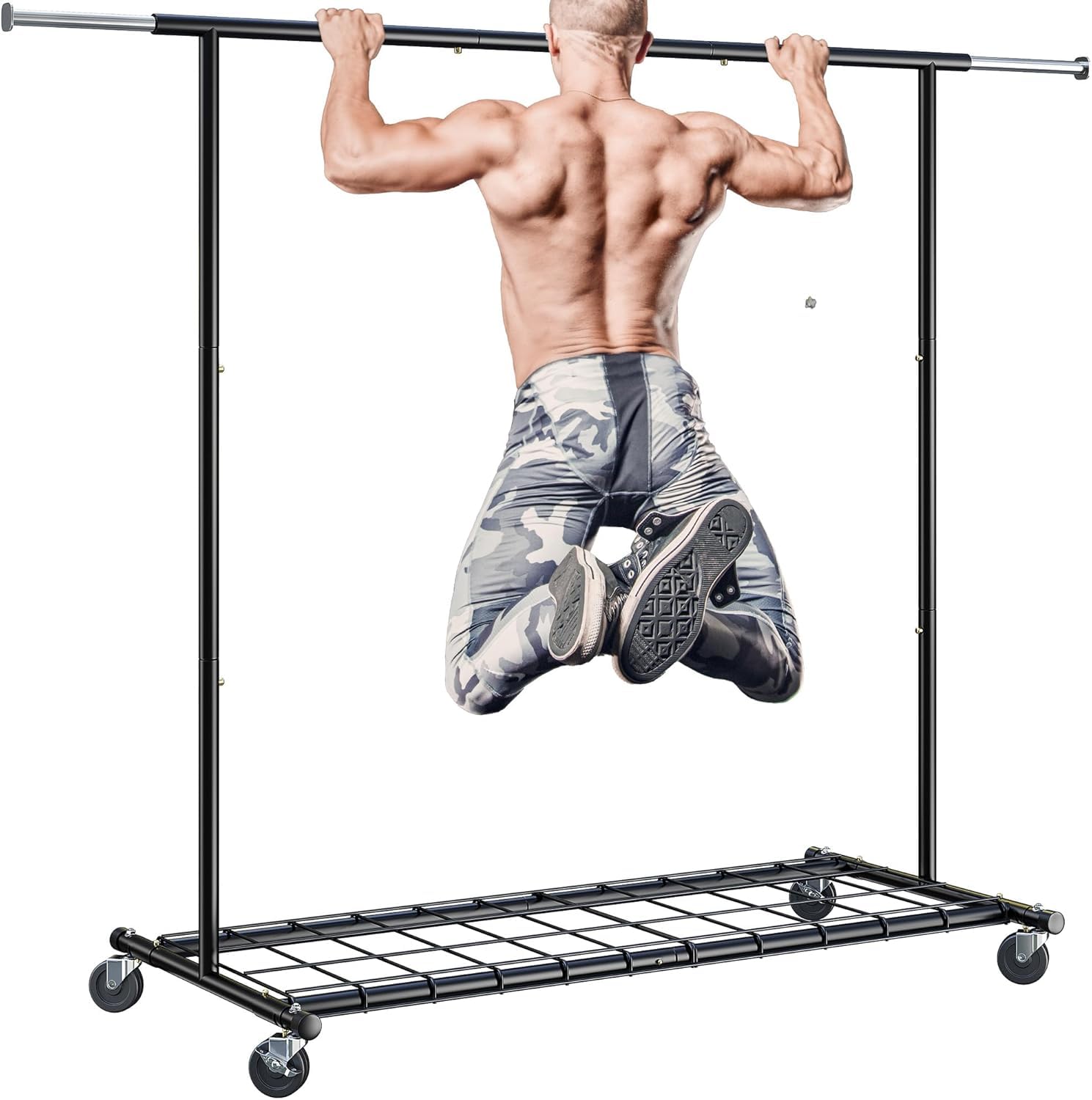 REIBII Clothes Rail, Clothes Rack, Heavy Duty Clothes Rail on Wheels, Clothes Rails for Bedroom, Black Clothing Rail with Extendable Hanging Rail, Adjustable Width 110-150cm, 90kg Capacity