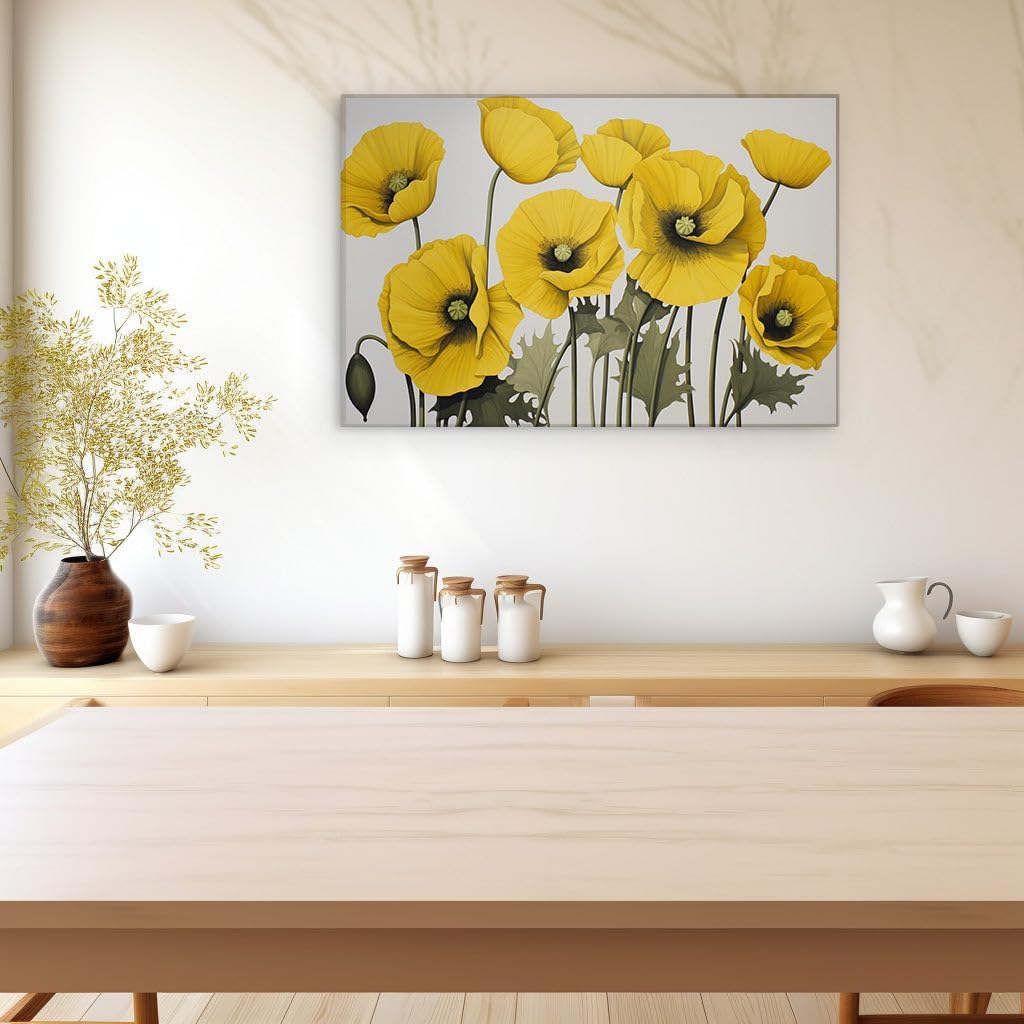 Canvas for Living room. Blooming Radiance: Nine Yellow Poppies in Watercolor Whimsy, 27 x 18 inch Canvas Wall Art - Contemporary Masterpieces - Modern Home Decor - 69x46 cm (27x18 inch)