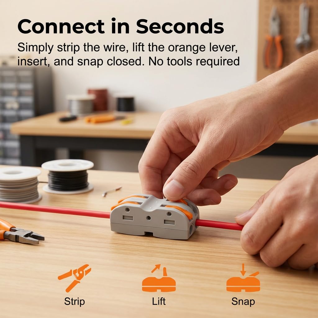 Electrical Wire Connectors, Double Wire Push-in Terminal, Fire-Resistant Lever Lock Connectors – Tool-Free Quick Connect Kit for Home, Auto, LED Strip Wiring (50)