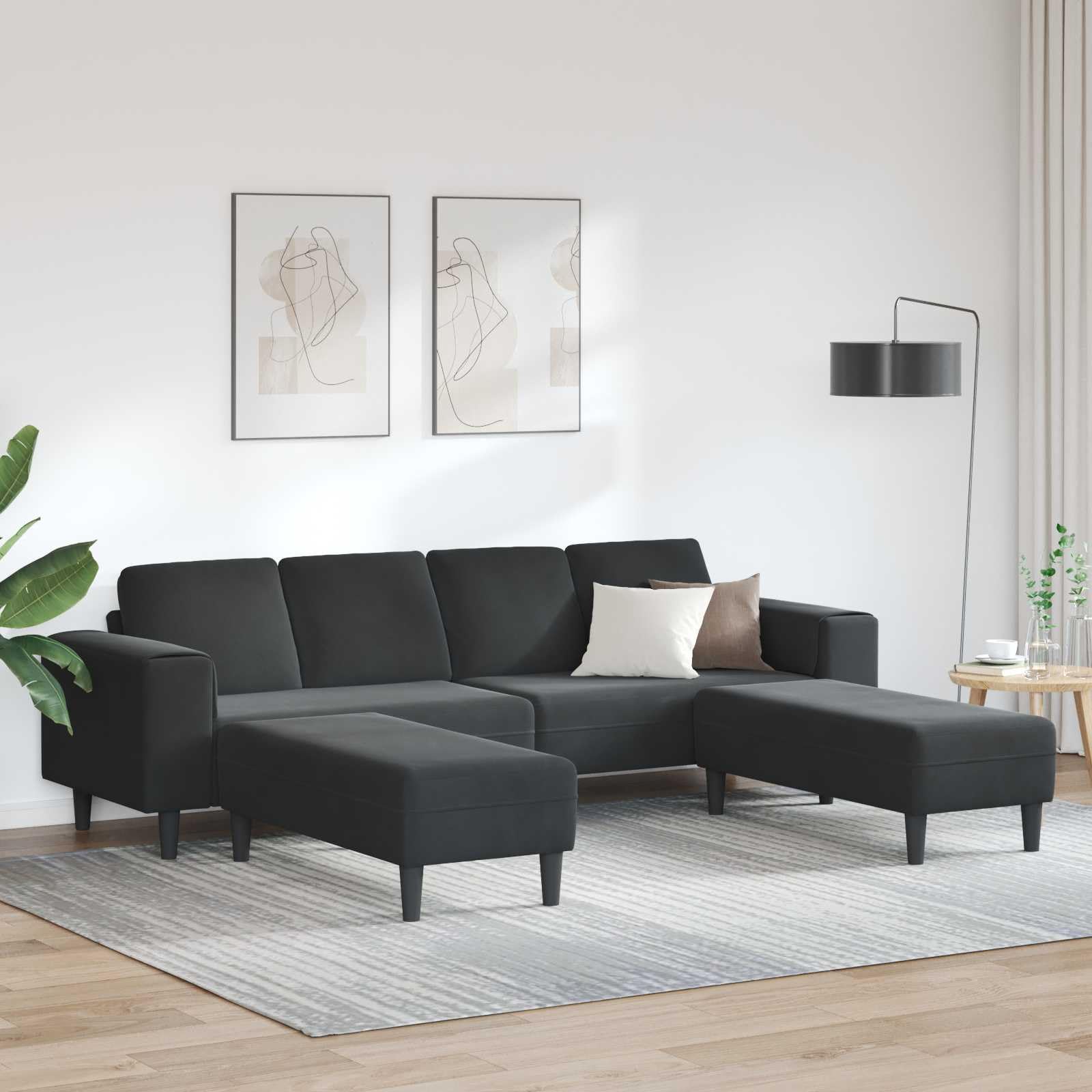 Kanapa do salonu, 3 szt., czarna, 250 x 188 x 76 cm, zestaw tapicerowany z otomaną i recamiere, trzyosobowa sofa z oddychającym obiciem, stabilne oparcie